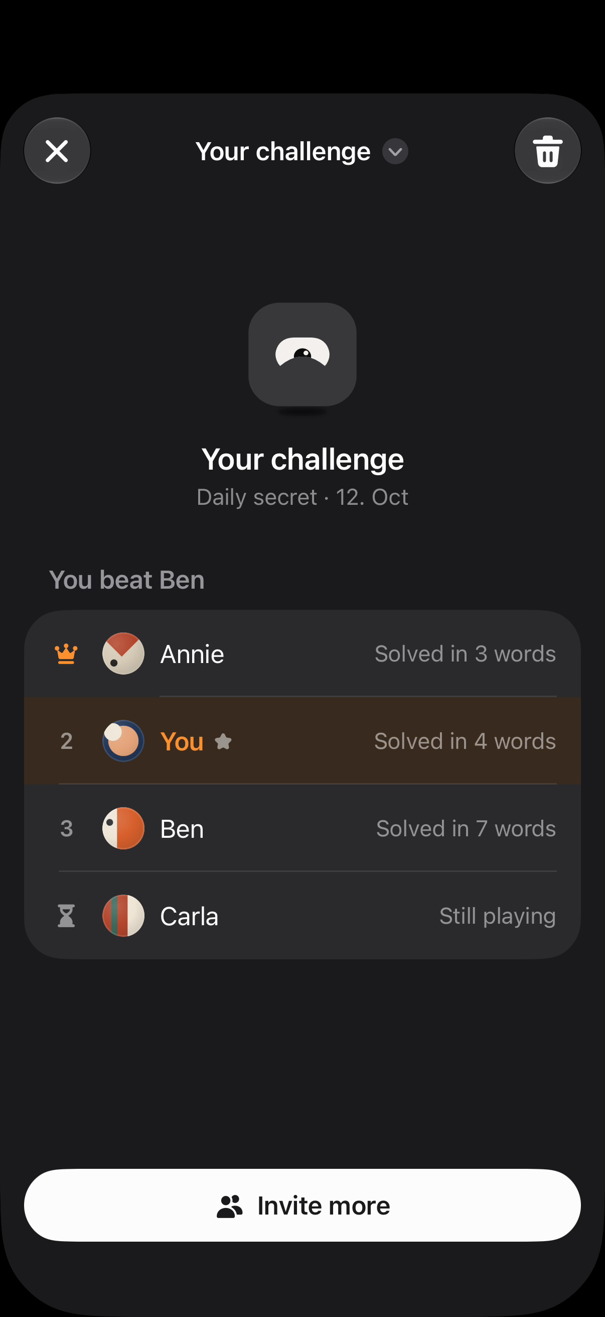 iPhone screenshot: Challenge board, dark