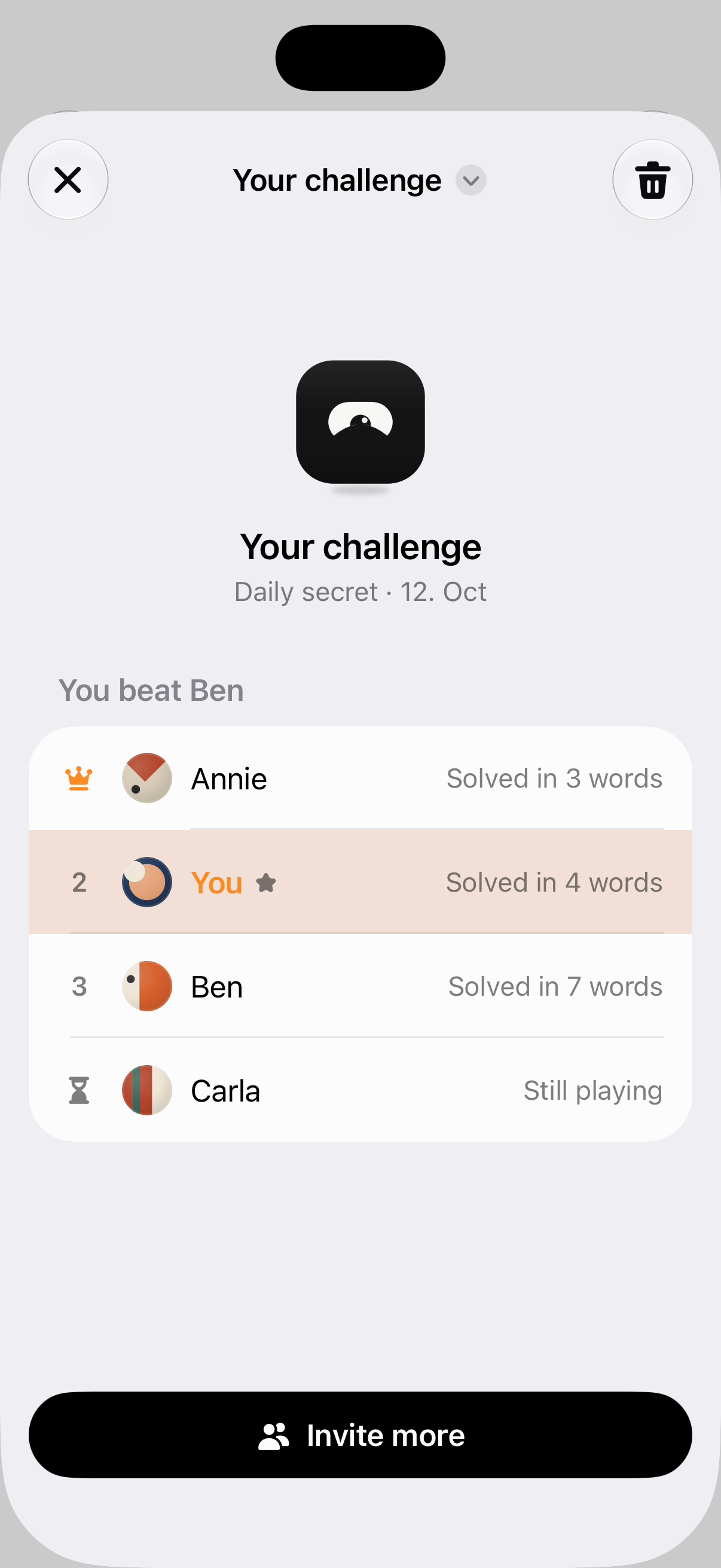 iPhone screenshot: Challenge board, light