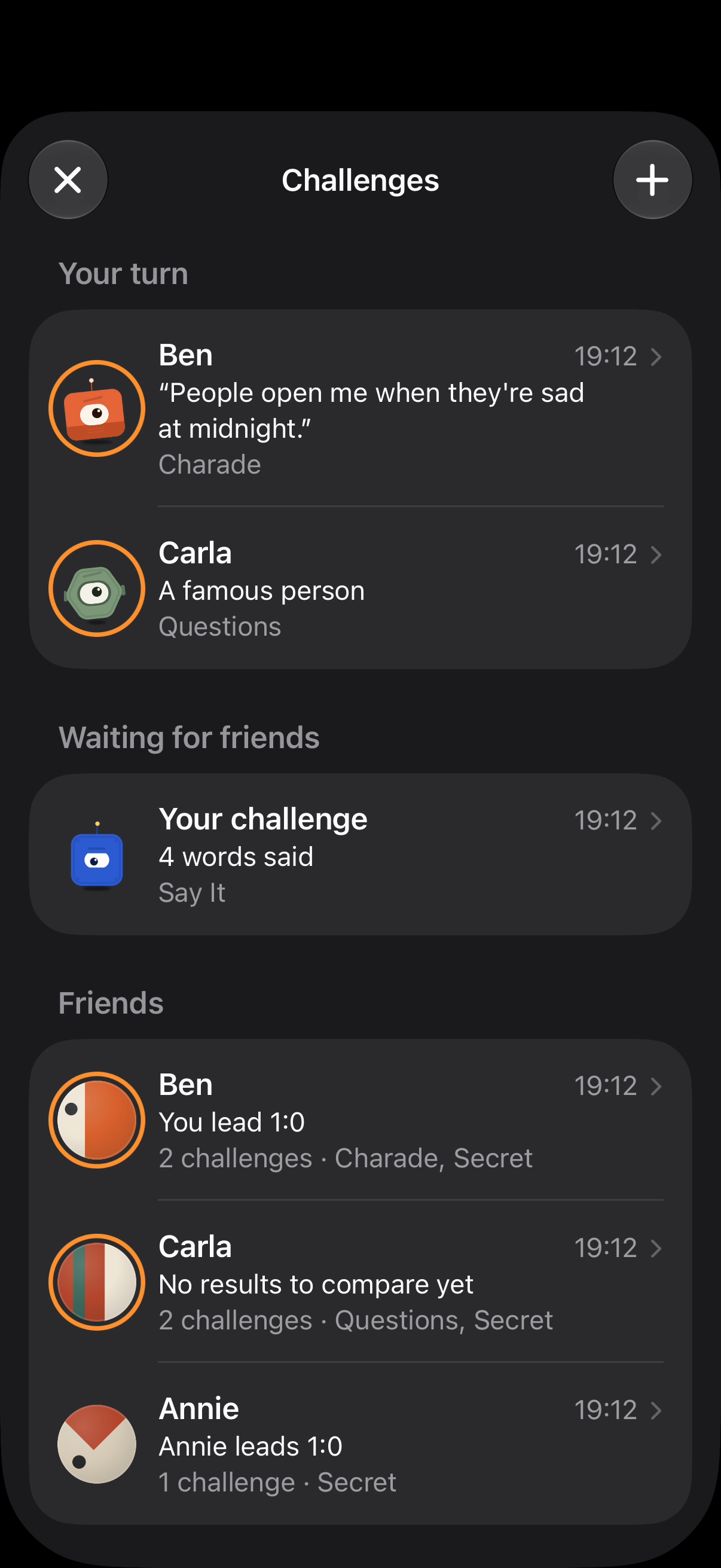 iPhone screenshot: Challenges, dark